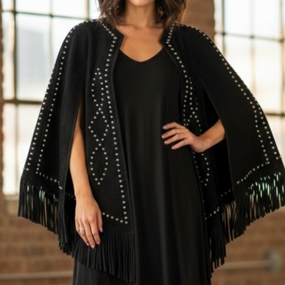 Western & Co. Black Suede Studded Fringe Cape - Genuine Leather - Picture 1 of 9